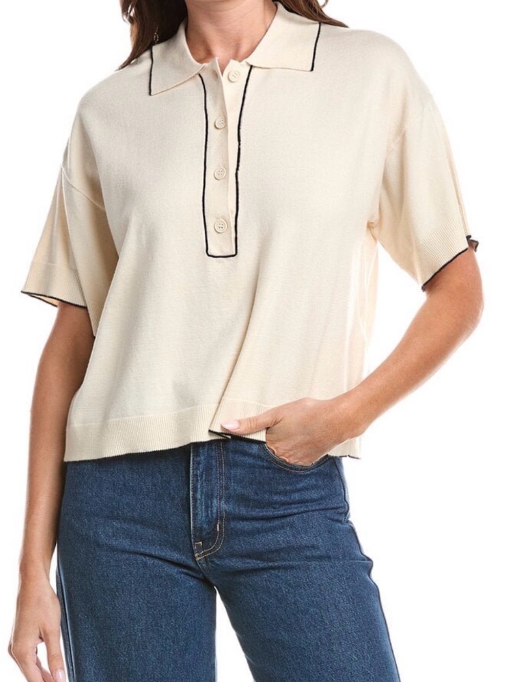Max Studio Cream Short-Sleeve knit Polo sweater with Black Trim